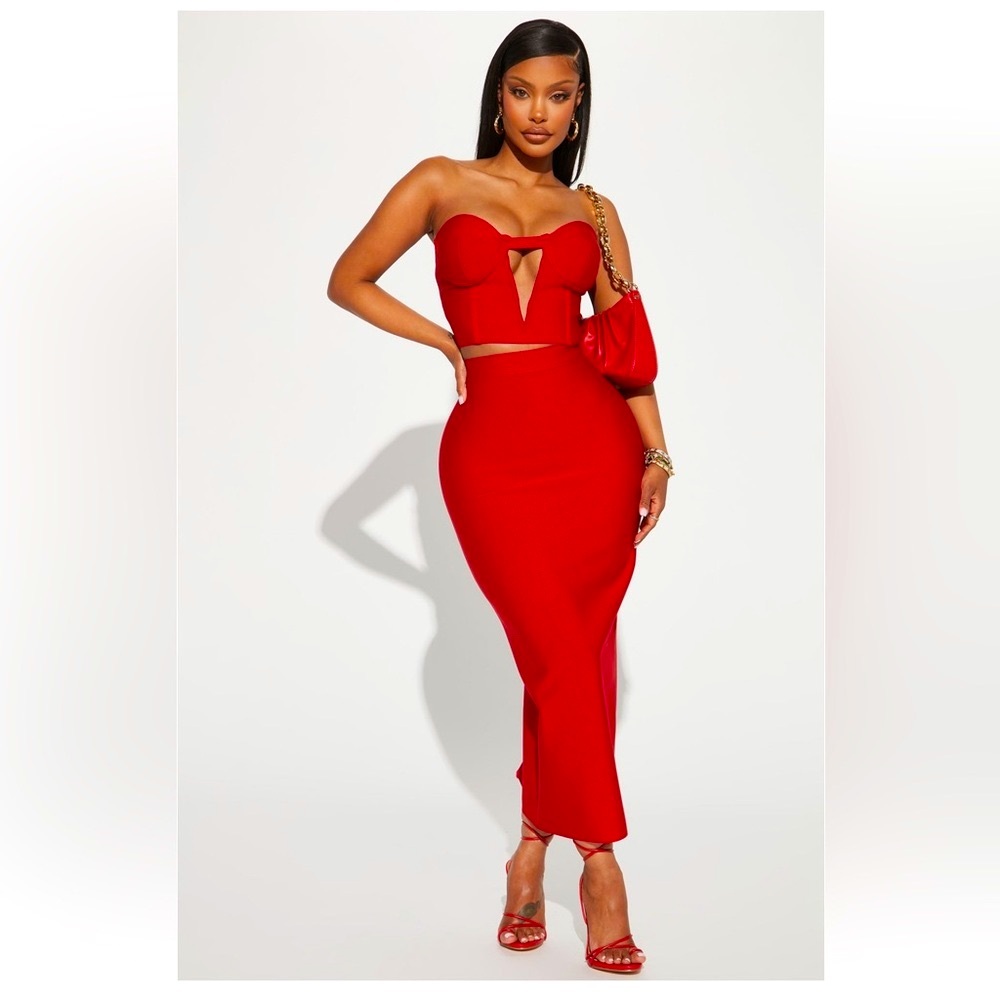 Fashion Nova Bandage Red Coord Set Strapless Top and Maxi Skirt Sz Small/Medium